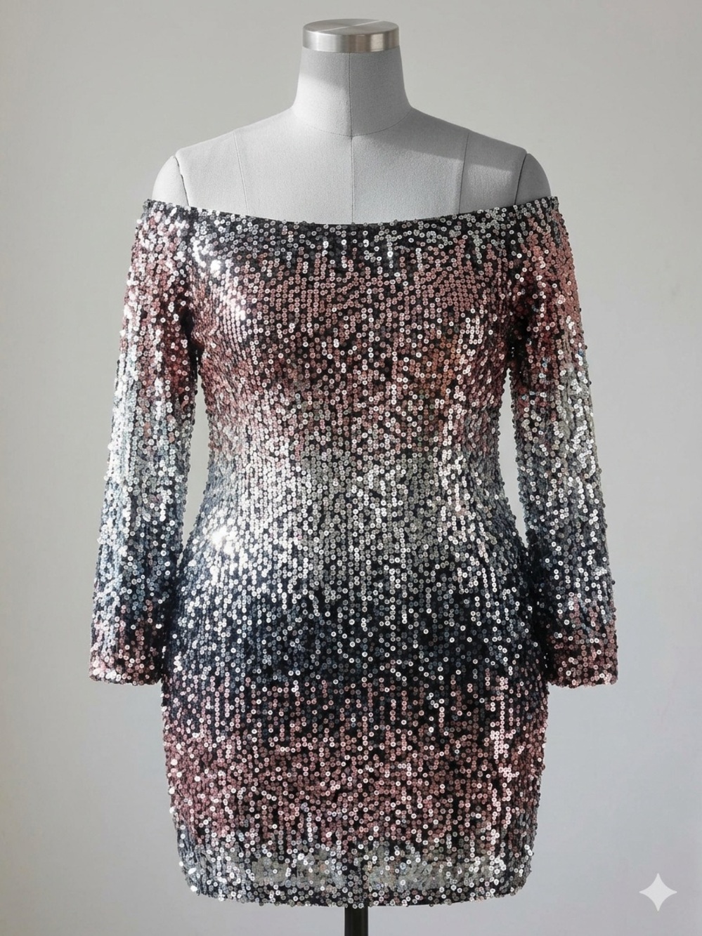 SHEIN Pink and Silver Ombre Sequin Off-Shoulder Bodycon Dress